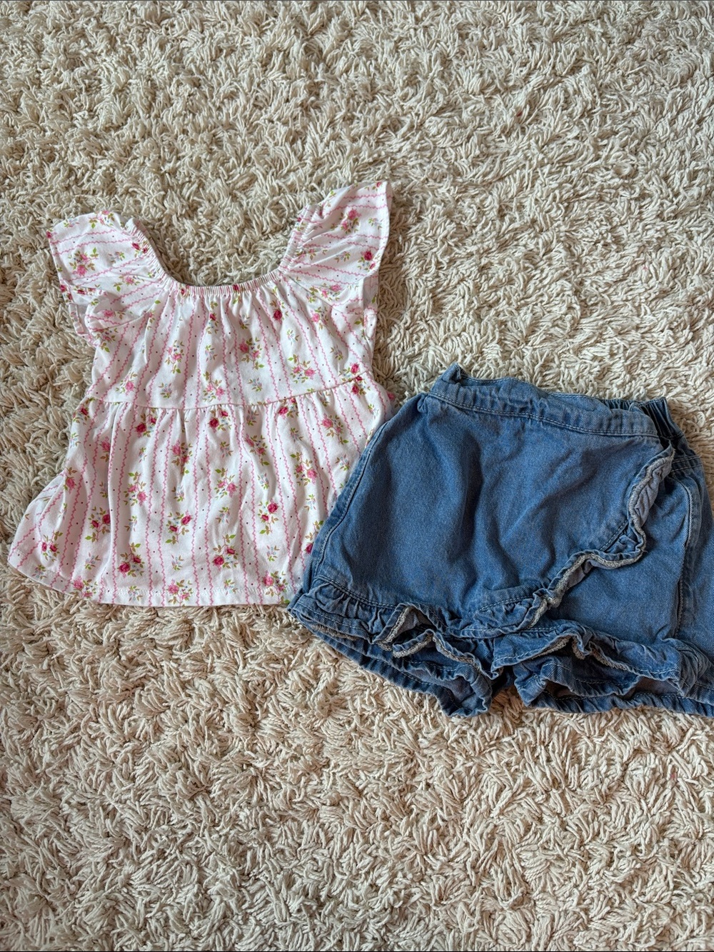 Floral Ruffle Top with Denim Skirt Set